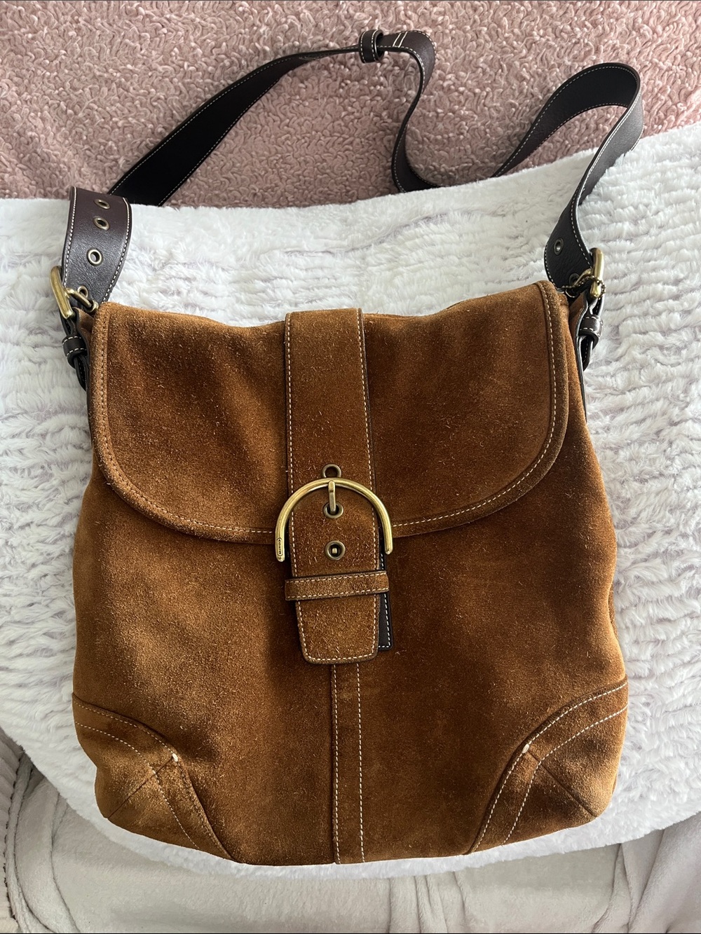Coach Brown Suede Buckle Shoulder Bag with Dark Strap